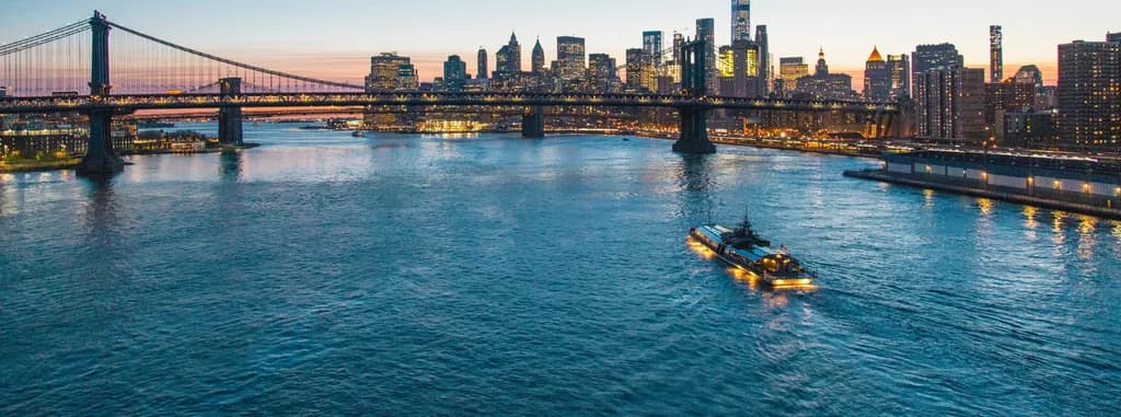 a cruise ship on teh water by the Brooklyn bridge