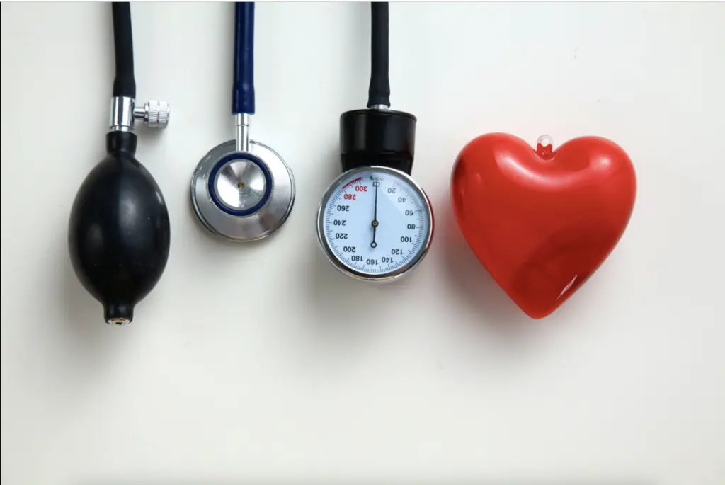 A blood pressure cuff, stethoscope, pressure gauge, and a red heart-shaped object arranged on a white background, symbolizing heart health and care.