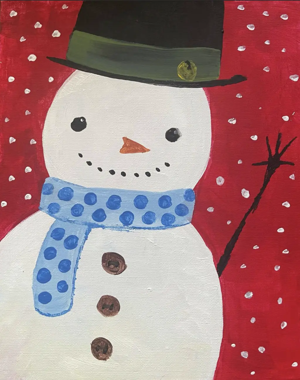 A festive painting of a snowman with a blue scarf and black top hat, set against a red snowy background.