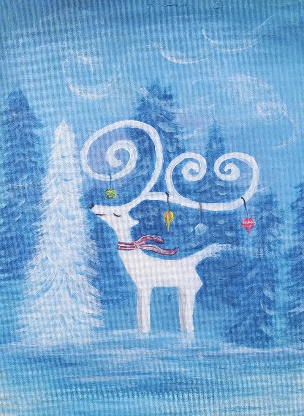 A winter-themed painting of a white reindeer with ornaments hanging from its antlers, surrounded by snowy trees and a serene blue background.
