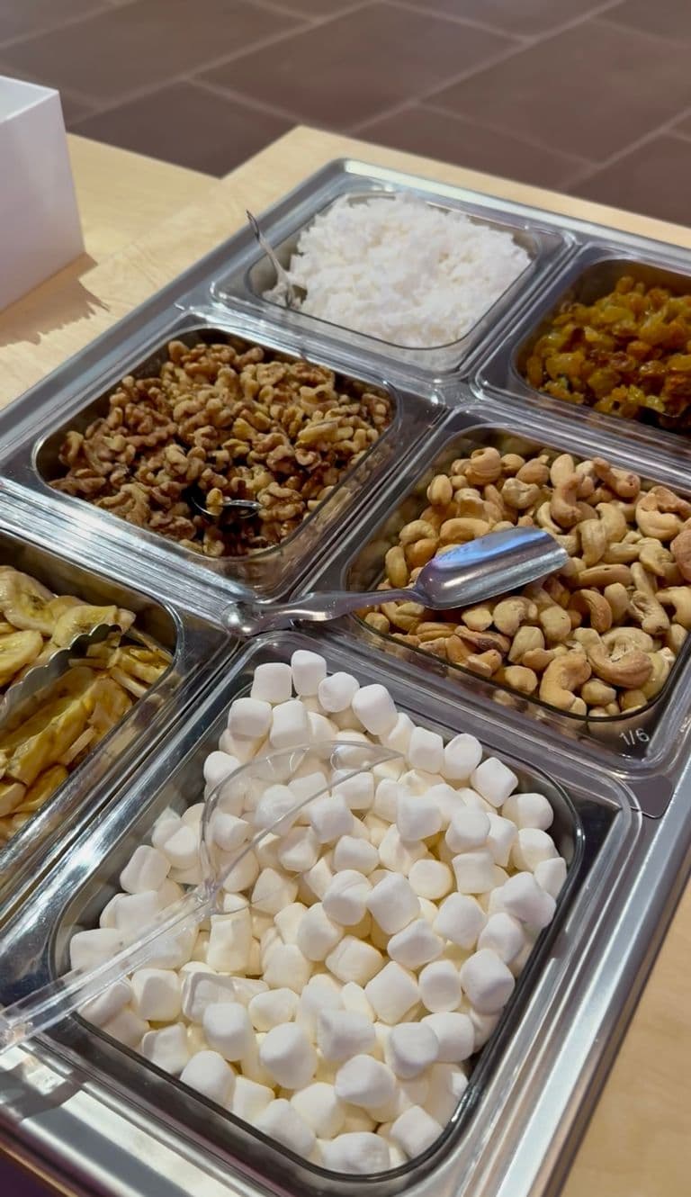 Close-up of a topping station with containers holding mini marshmallows, cashews, walnuts, coconut flakes, golden raisins, and banana chips.