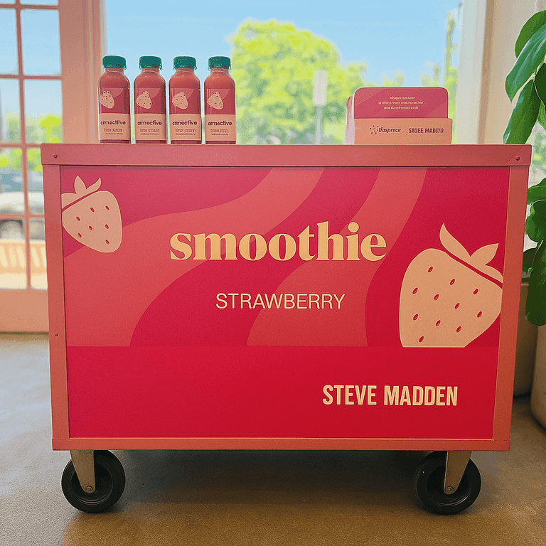 Bright pink smoothie cart with strawberry-themed design and Steve Madden branding, featuring bottles of strawberry smoothies on top.