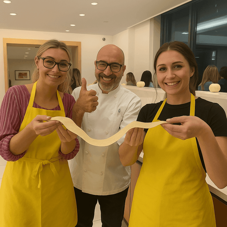 Three people making pasta and holding raw pasta with yellow aprons.