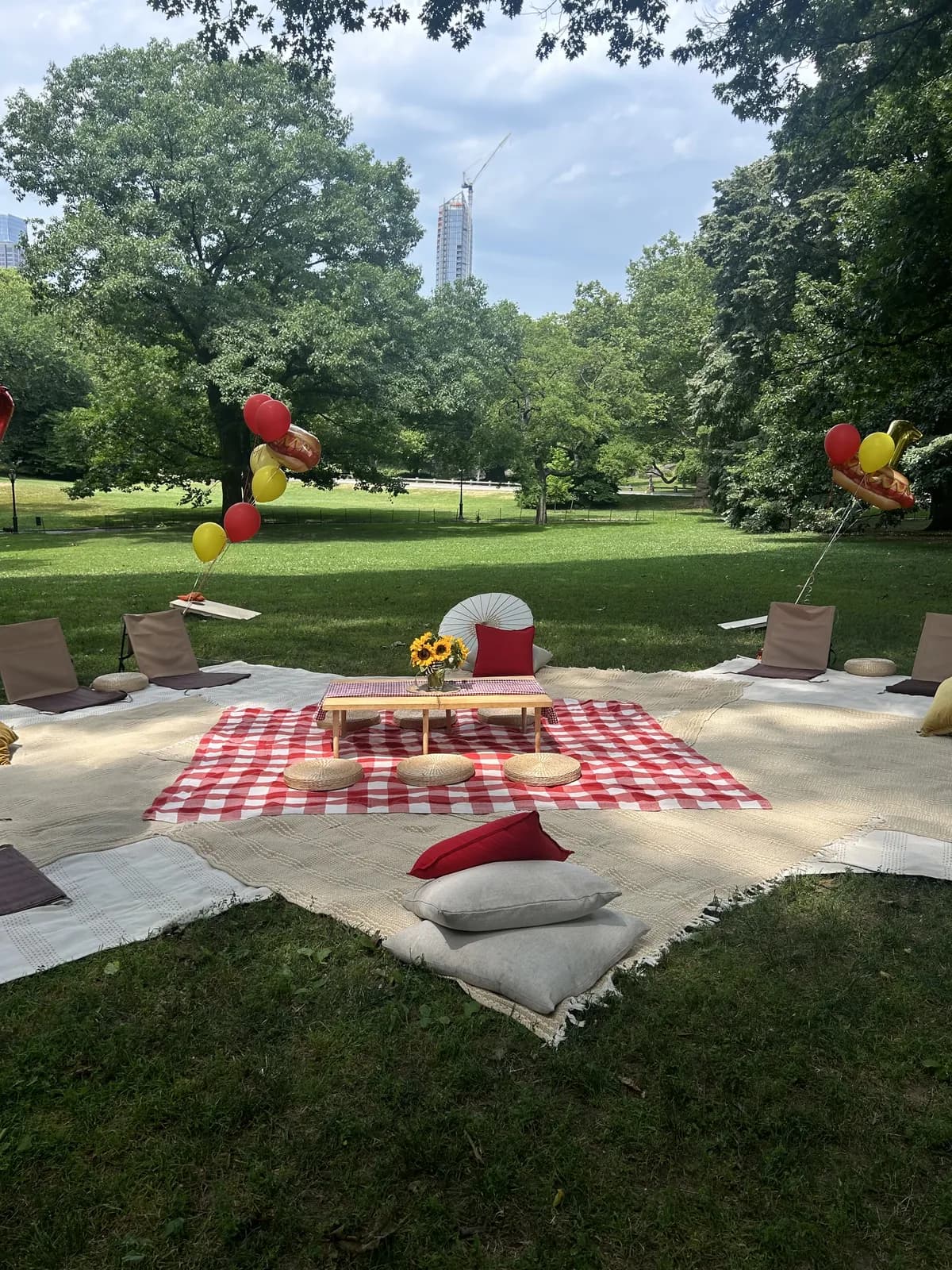 A picnic setup with a red checkered mat, pillows, a small table with flowers, and balloons, set in a grassy park with tall trees.