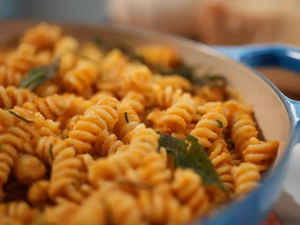 A close-up of a blue dish filled with rotini pasta in a creamy pumpkin sauce, garnished with sage leaves.