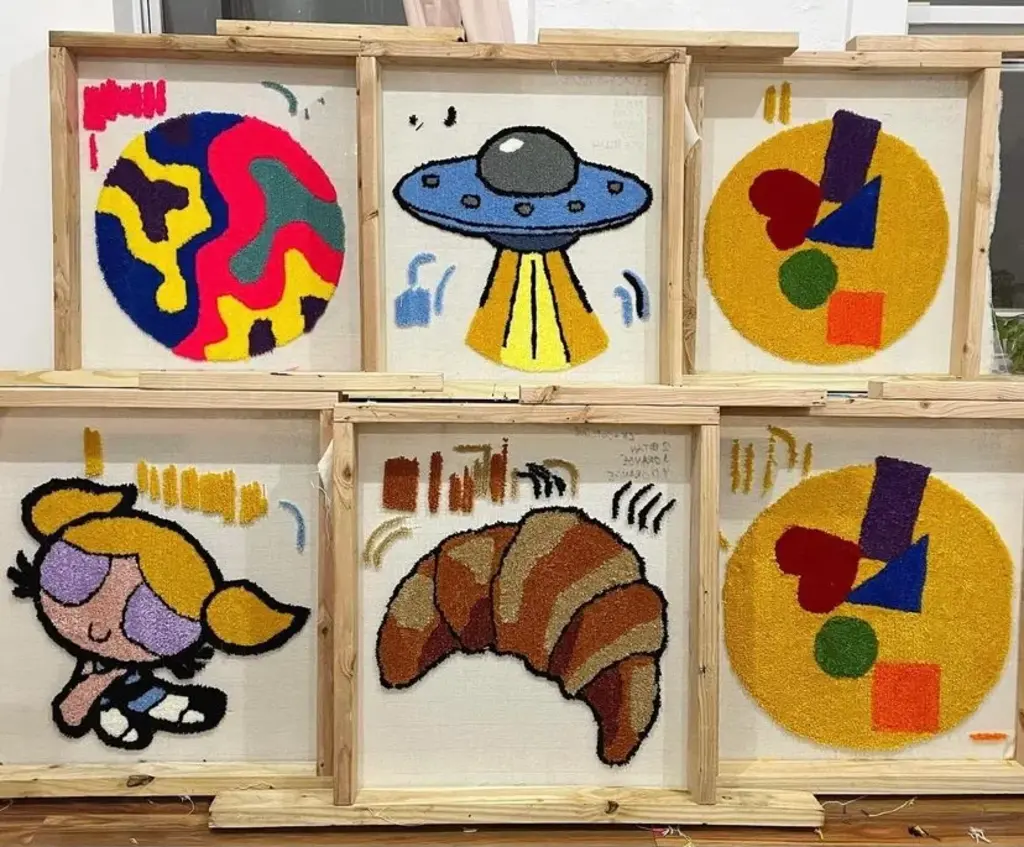 Six framed tufted artworks: a colorful abstract circle, a UFO, a geometric design, a cartoon girl, a croissant, and another geometric design.