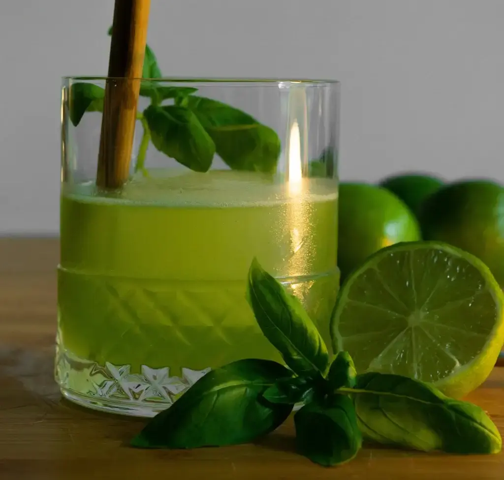 a green drink in a tumbler with lime, mint, and a bamboo straw