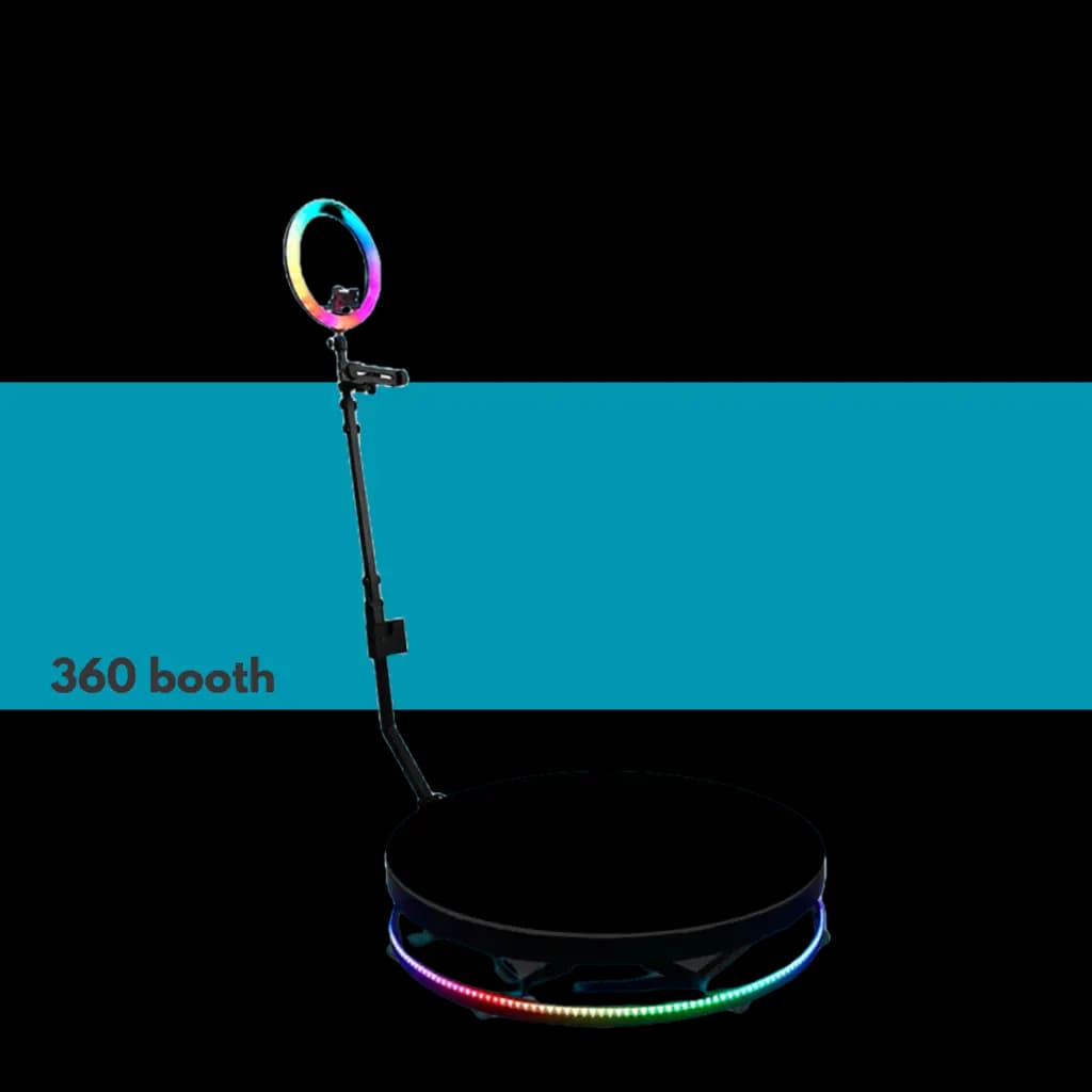 A premium white 360 booth featuring a large glowing ring and base, with customizable LED lighting effects.