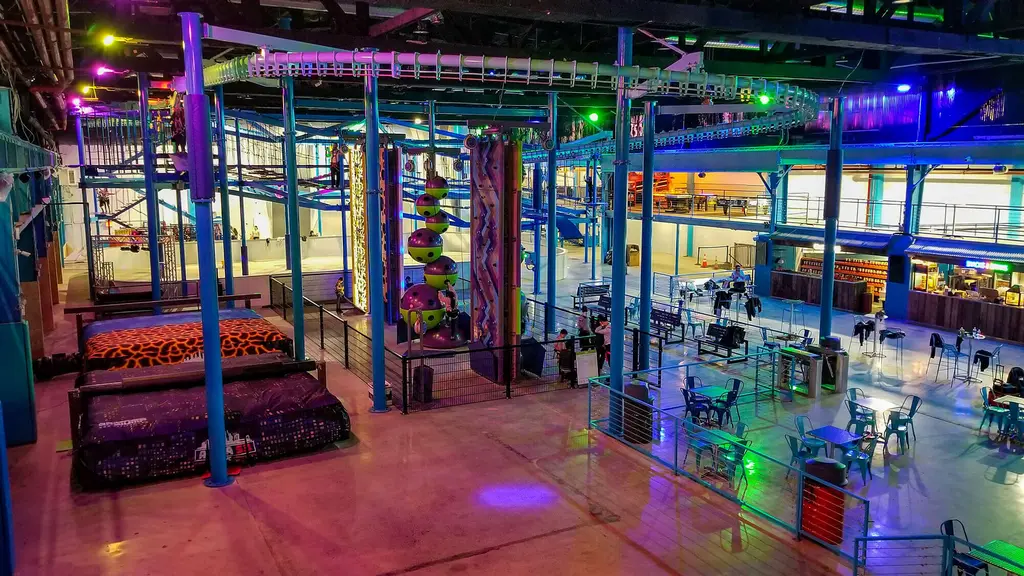 a birds eye view of the adventure park with different obsticles in it
