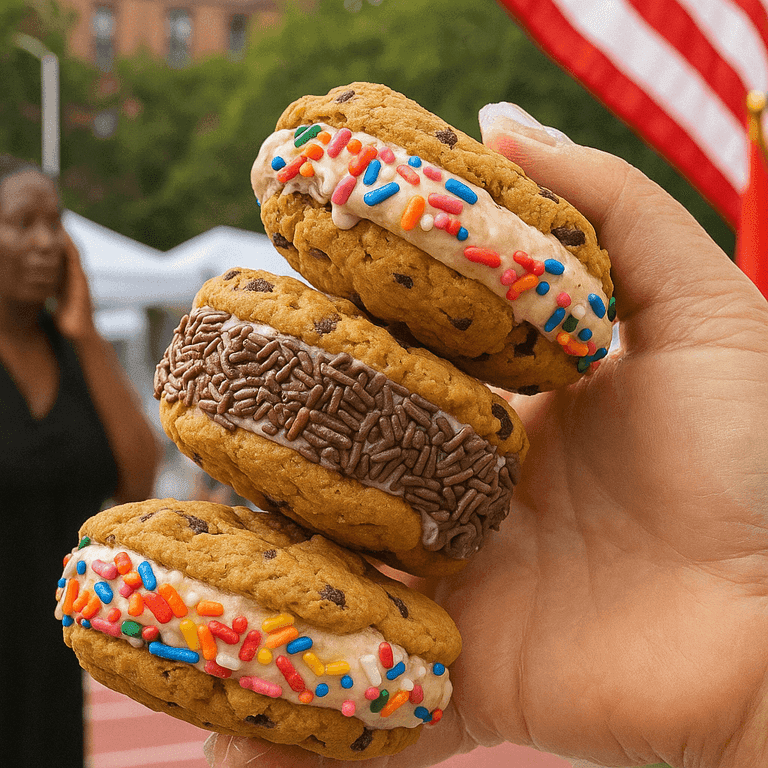 Two hands holding paper cups of ice cream—one with yellow scoops, the other with cookies and cream—each with a wooden spoon.