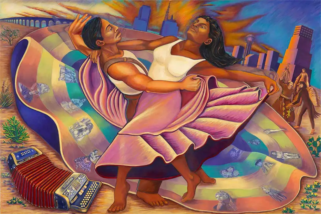Vibrant mural depicting two dancers in colorful attire, their skirts flowing with various cultural and historical images, set against an urban and natural background.