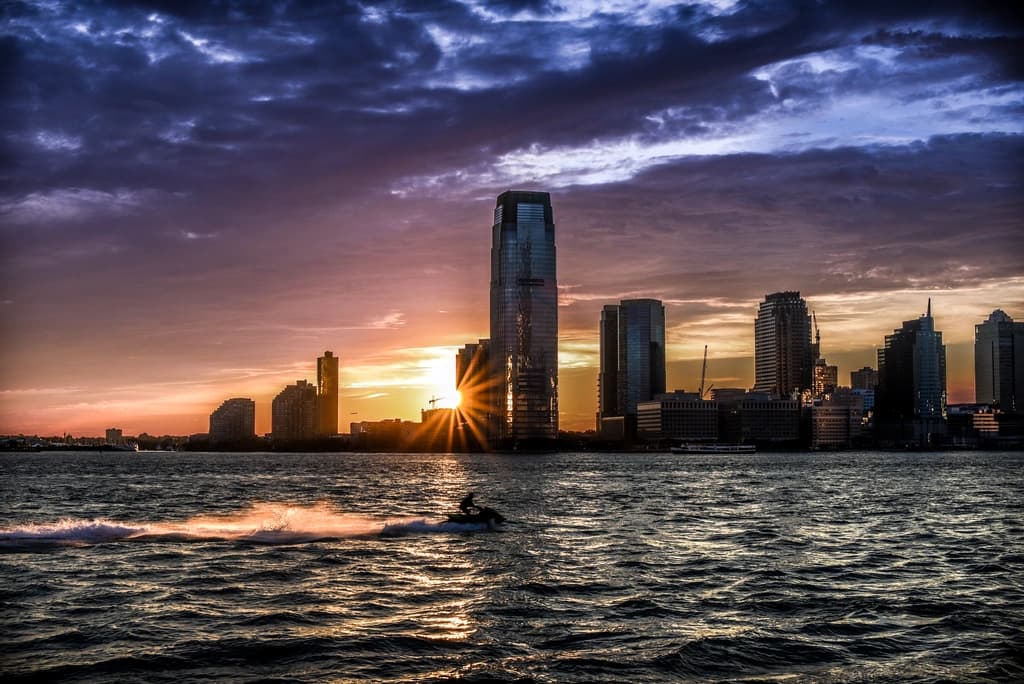 Close-up of a person riding a jet ski on the Hudson River.