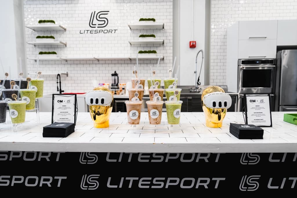 smoothies lined up on a counter