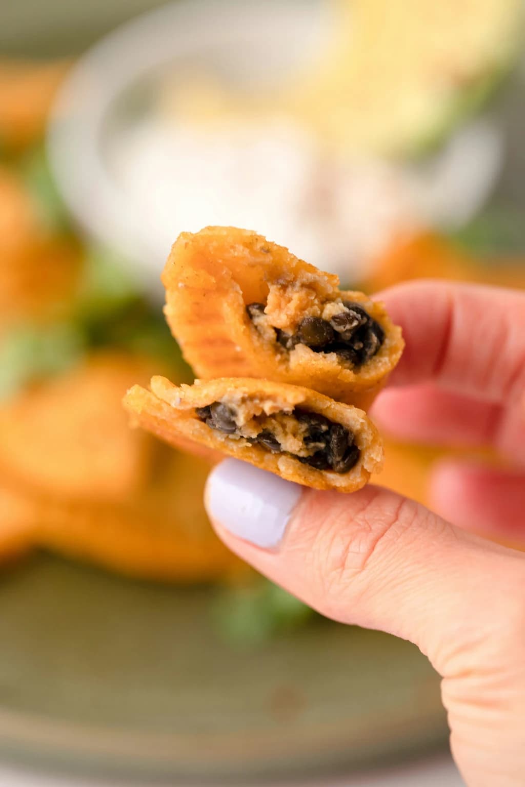 A close-up of a hand holding a crispy empanada filled with savory black beans, showcasing the texture and delicious filling.
