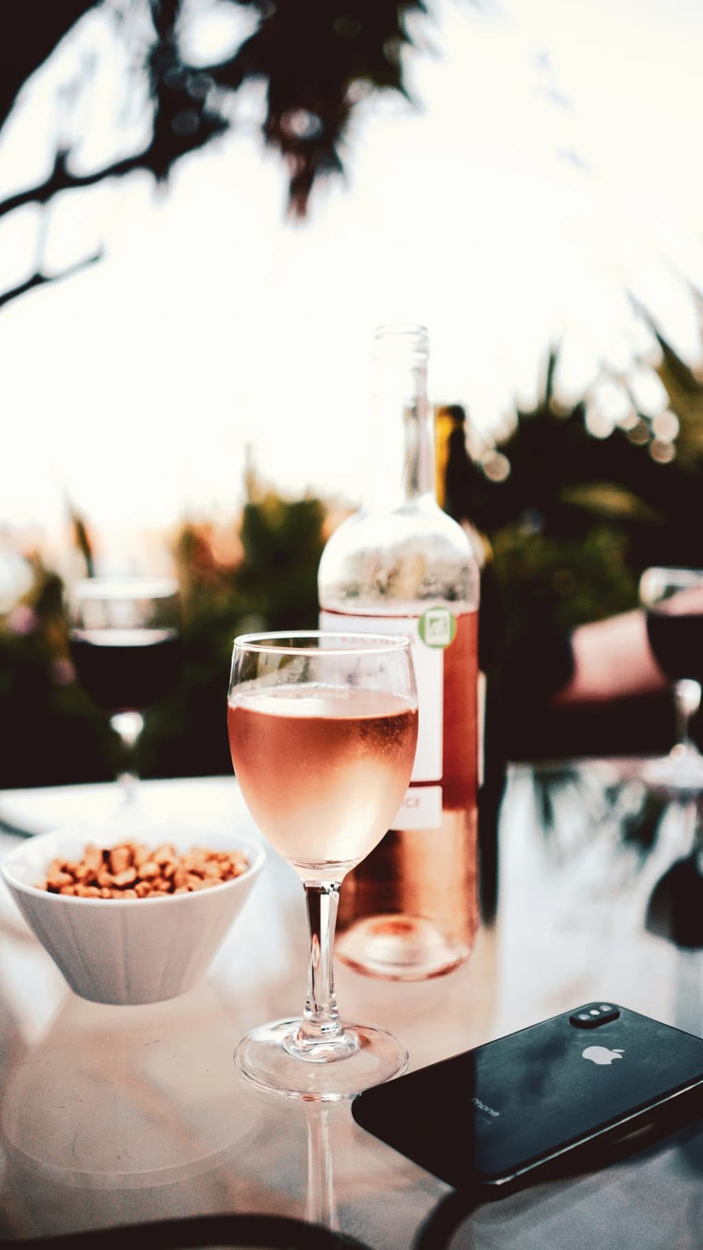rose on a table with a bottle and a bowl of food