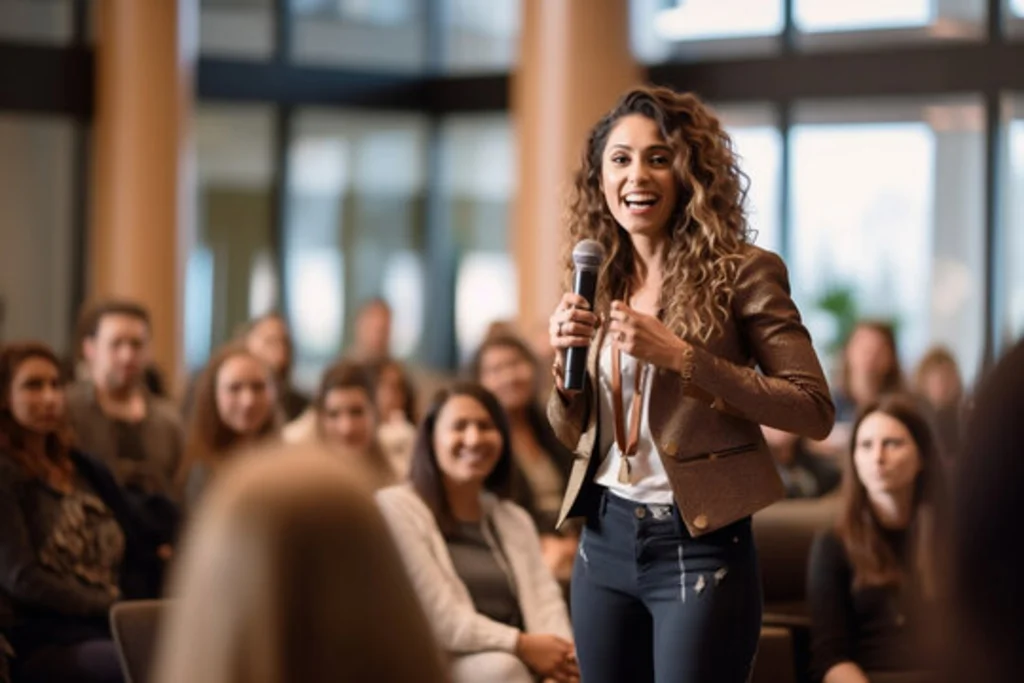 a speaker on stage in front of a large audience